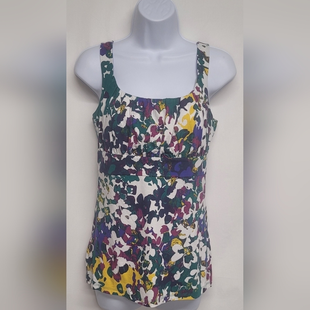 Ann Taylor Top S Ruched Gathered Bust Sleeveless Floral Colorful